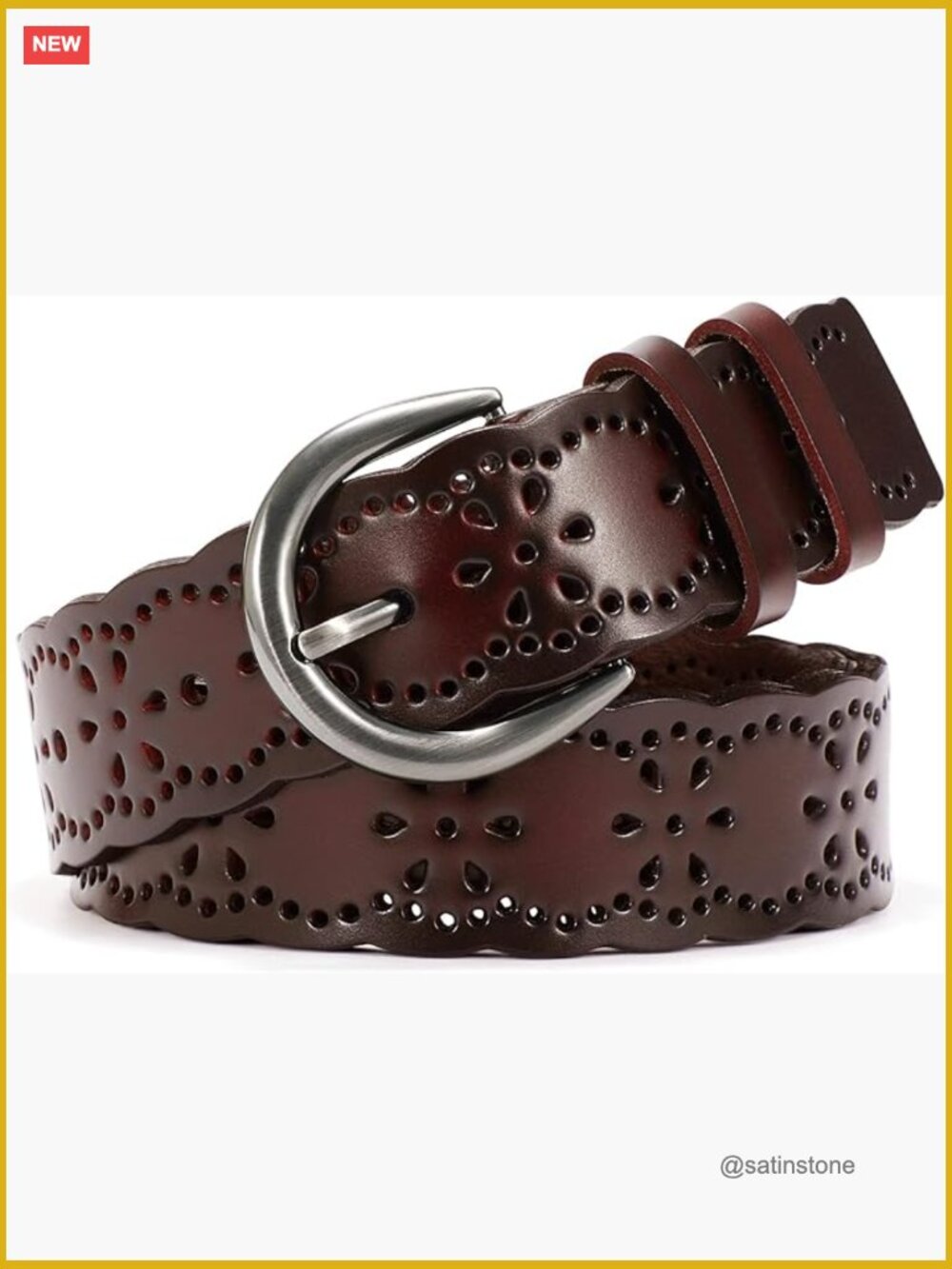 Women Plus Size Leather Belt with Hollow Flower Design Pin Buckle